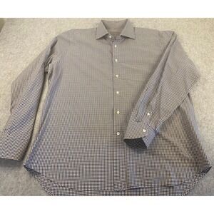 Canali Mens Blue Brown Gingham Check Cotton Dress Shirt Size 43 17